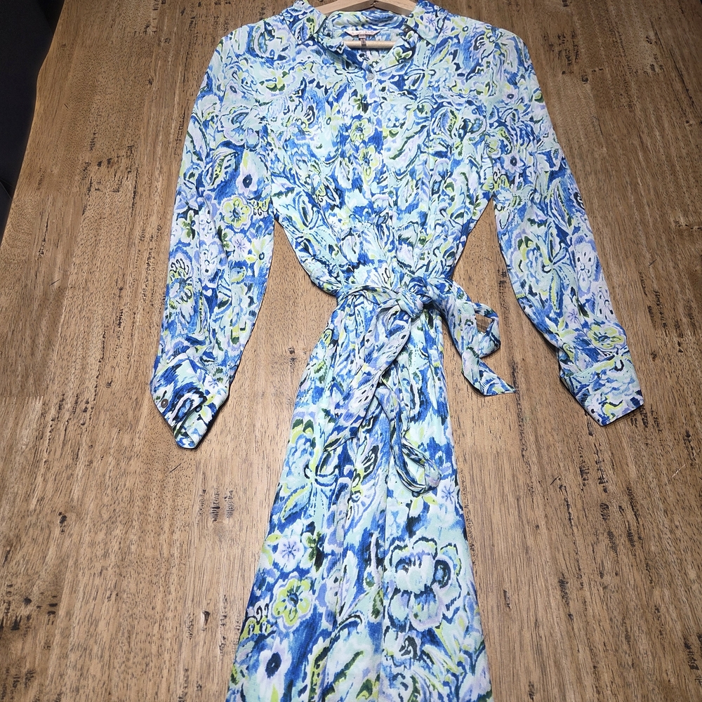 ESQUALO Blue and Green Patterned Long Sleeve Dress